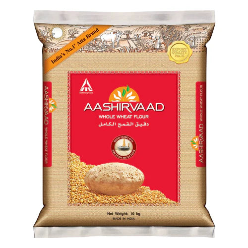 Aashirvaad whole wheat flour package on a white background