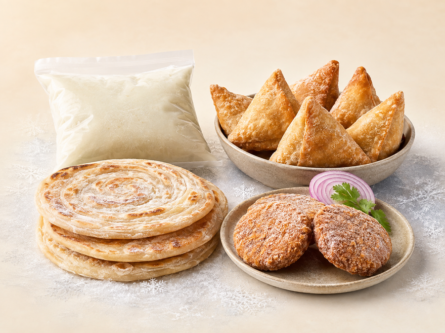 Frozen Indian foods including Kerala parotta, samosas and cutlets