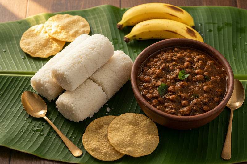 create ann kerlala breeakfat of puttu , banana, pappadam and kadalacurry